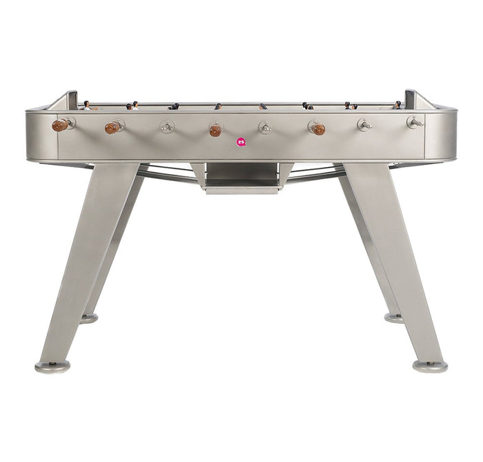 Stainless steel foosball table with sleek silver finish and black playing rods. Highlights of a modern design.
