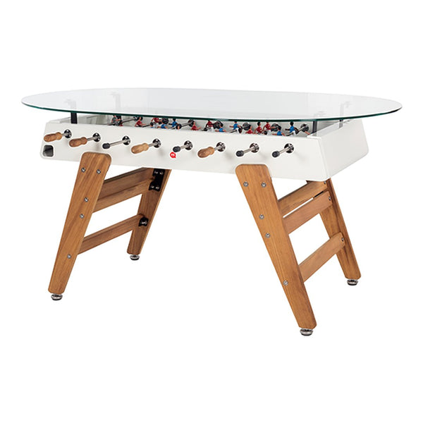 Modern foosball table with a sleek white body, curved glass top, and natural wood legs. Elegant and stylish design.