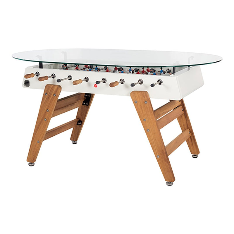 Modern foosball table with a sleek white body, curved glass top, and natural wood legs. Elegant and stylish design.