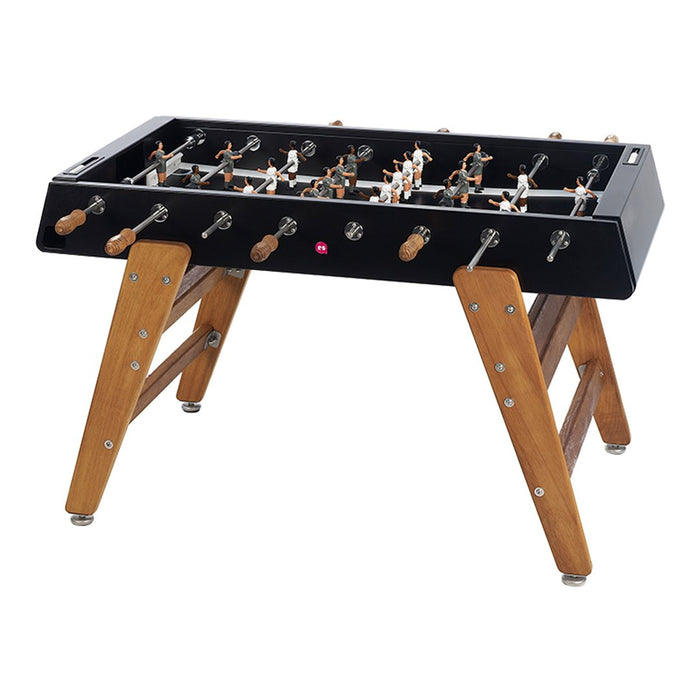 Classic black foosball table with wooden legs, featuring white and gray player figures and metallic accents.