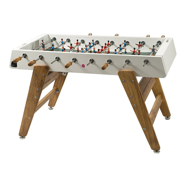 White foosball table with vibrant blue and red player figures, complemented by natural wood legs and accents.