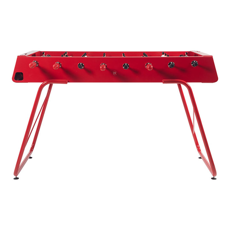 Red foosball table with black and silver accents, featuring a sleek design and stylish leg structure.