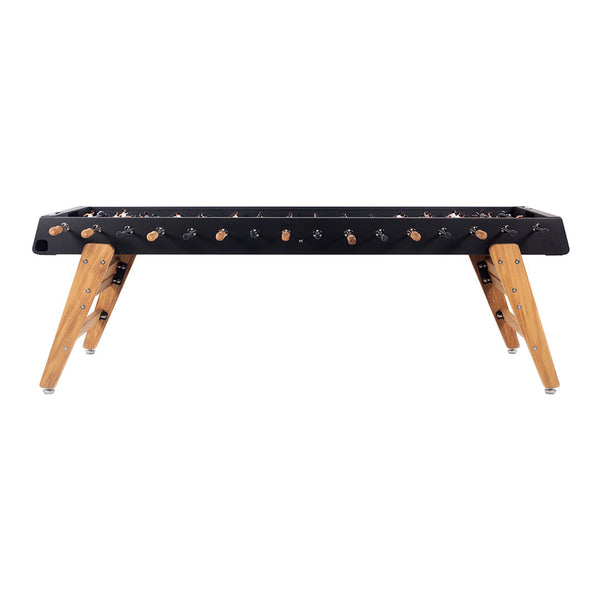 "Black tabletop with light wood legs, featuring metallic accents and a sleek, modern design."