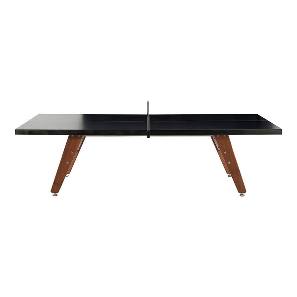 Black tabletop with wooden legs, featuring a sleek design and modern finish, perfect for stylish game spaces.