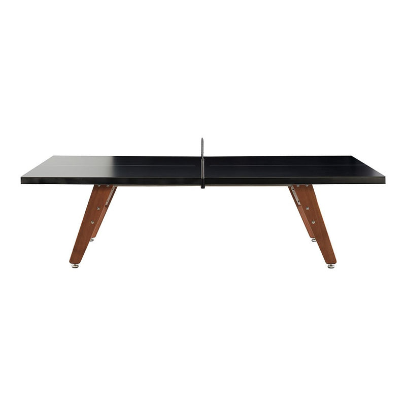 Black tabletop with wooden legs, featuring a sleek design and modern finish, perfect for stylish game spaces.