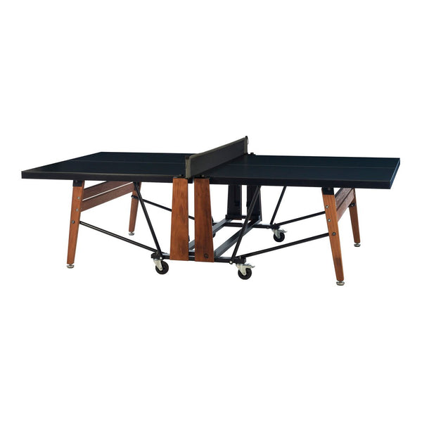 Black table tennis table with contrasting warm wood accents and a sleek metal frame.