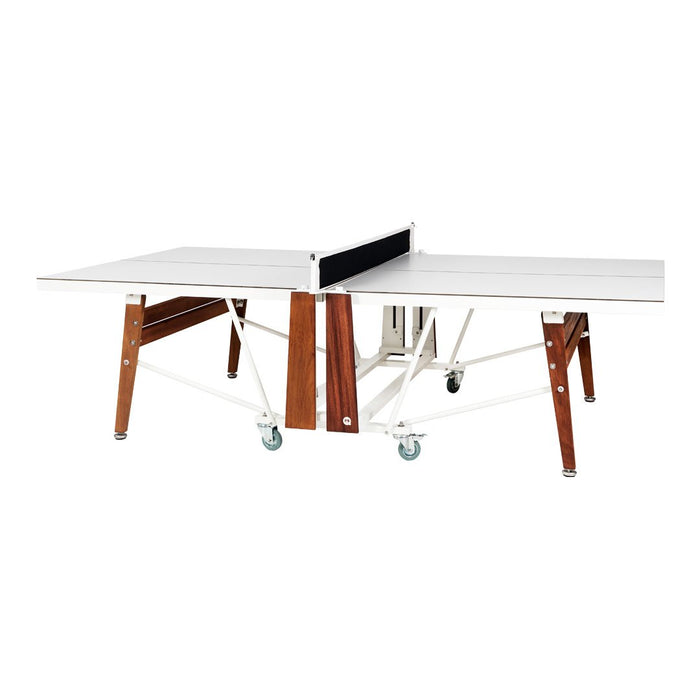White tabletop with sleek wood and white metal accents, featuring a modern design and elegant finish.