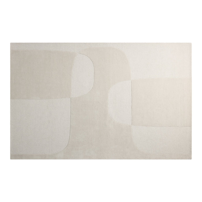 Neutral beige area rug with abstract shapes and subtle texture, ideal for modern decor. Soft, minimalist design.