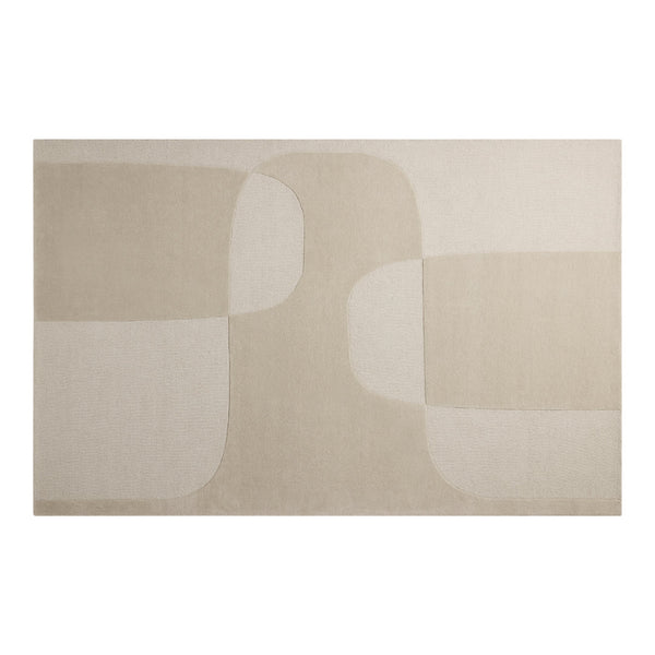 Beige area rug featuring abstract shapes and subtle patterns in soft neutral tones, perfect for modern decor.