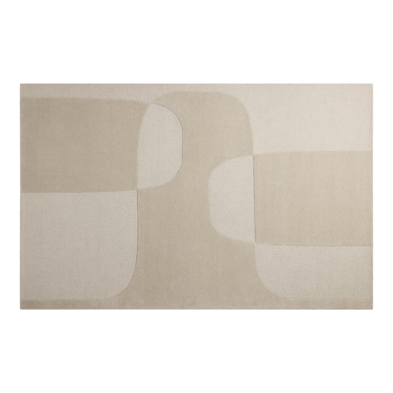 Beige area rug featuring abstract shapes and subtle patterns in soft neutral tones, perfect for modern decor.