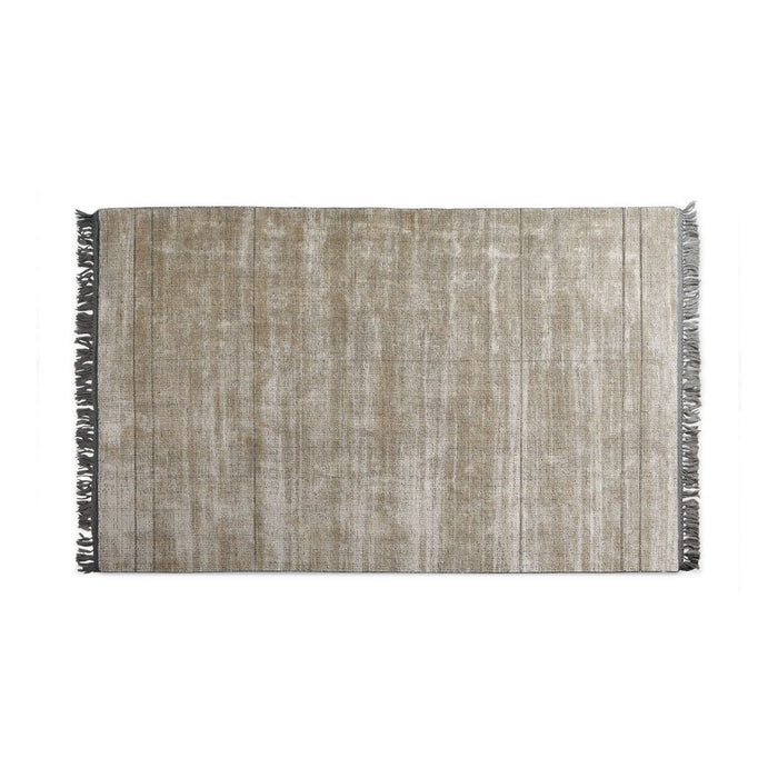 Beige area rug with a subtle striped pattern and fringed edges, perfect for modern decor.