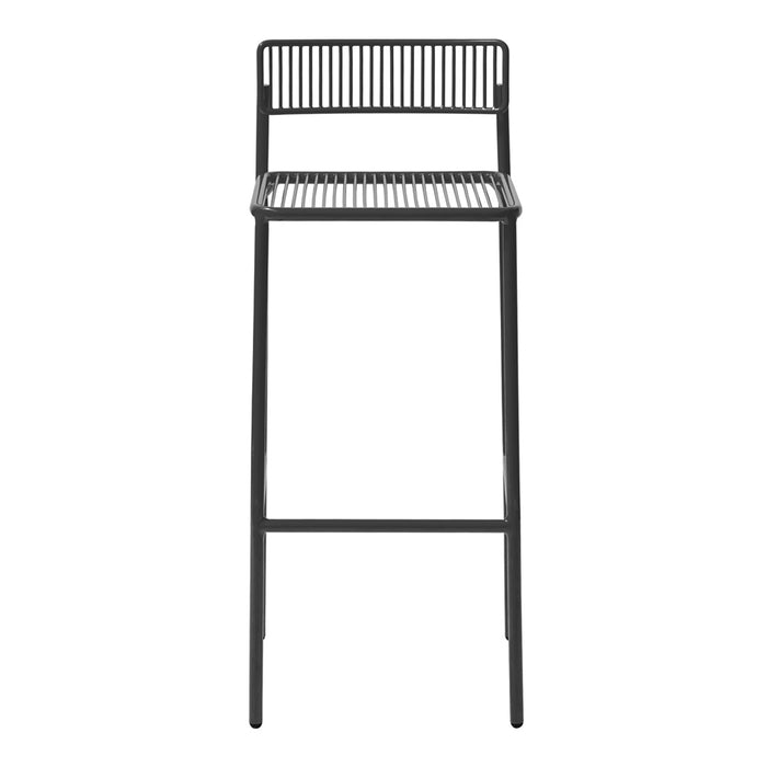 Black metal bar stool with a sleek, striped pattern for a modern touch. Ideal for contemporary decor.