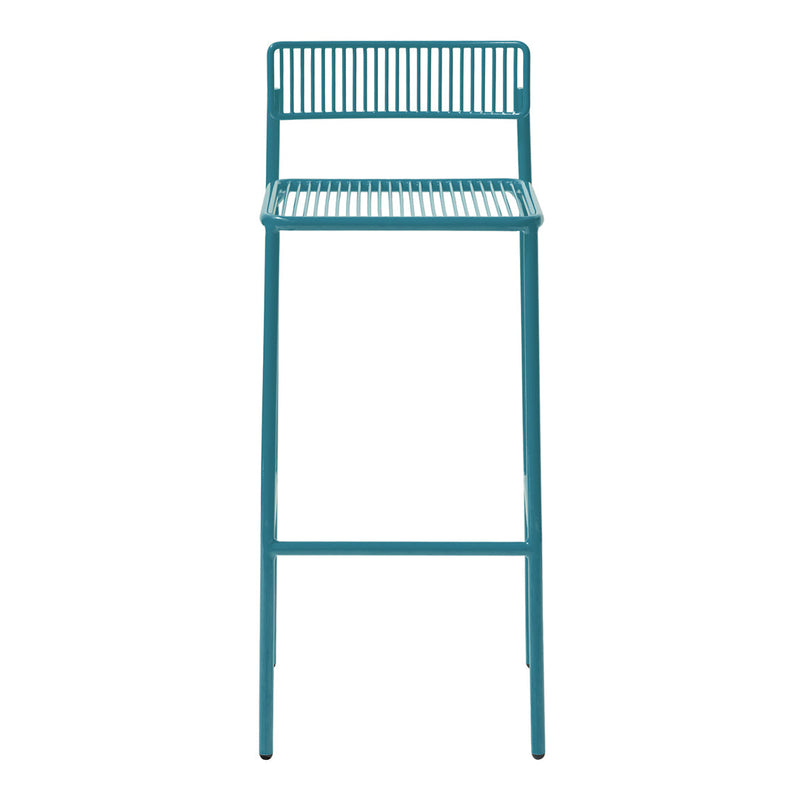 Teal metal bar stool with a sleek slatted design, perfect for modern decor.