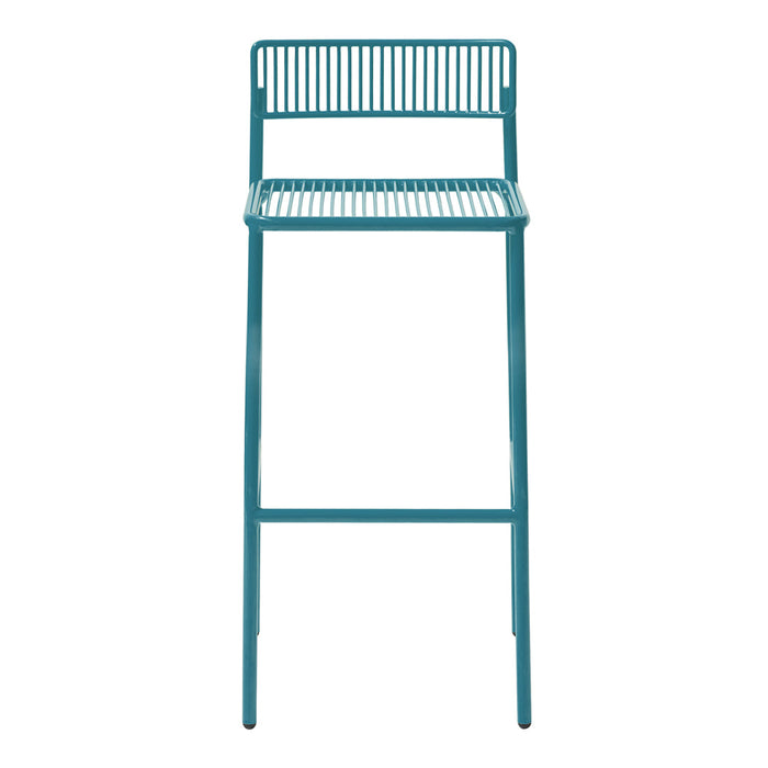 Teal metal bar stool with a sleek, striped pattern and open design for modern decor. Perfect for indoor or outdoor use.