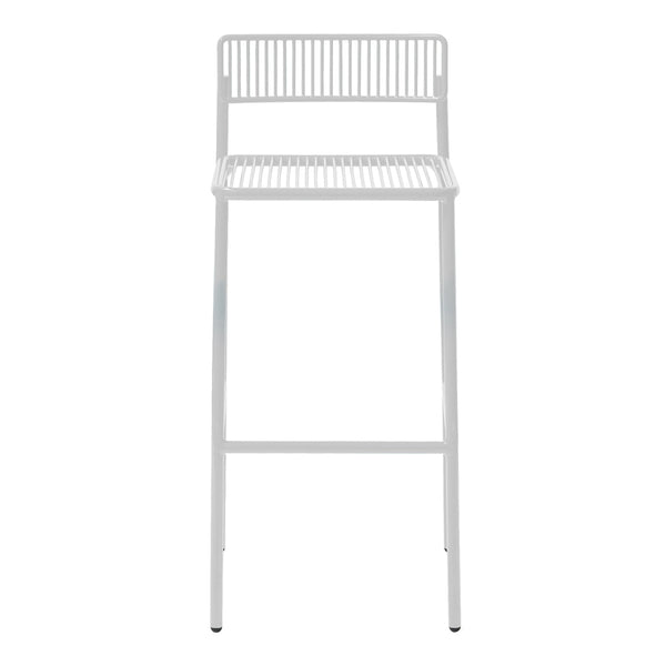White metal bar stool with a sleek slatted design and minimalistic pattern. Ideal for modern decor.