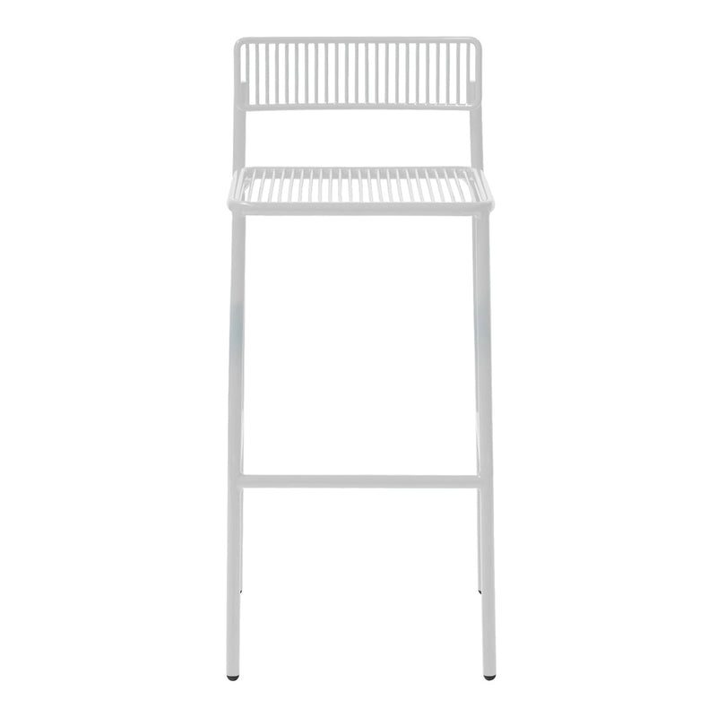 White metal bar stool with a sleek slatted design and minimalistic pattern. Ideal for modern decor.