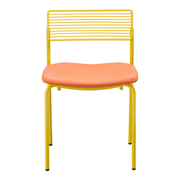 Yellow metal chair with a slatted back and an orange cushioned seat. Modern design with vibrant colors.