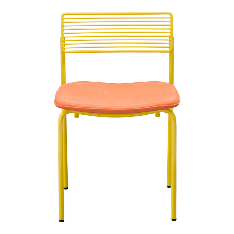 Yellow metal chair with a slatted back and an orange cushioned seat. Modern design with vibrant colors.