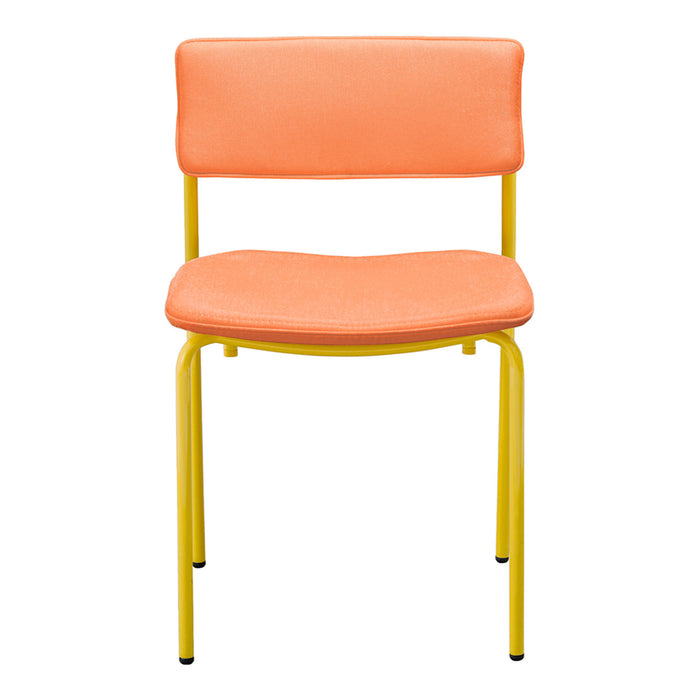 Orange padded chair with a sleek yellow metal frame, perfect for modern decor.