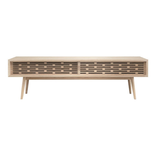 Light wood TV stand with a slatted design, featuring a natural finish and clean lines for a modern look.