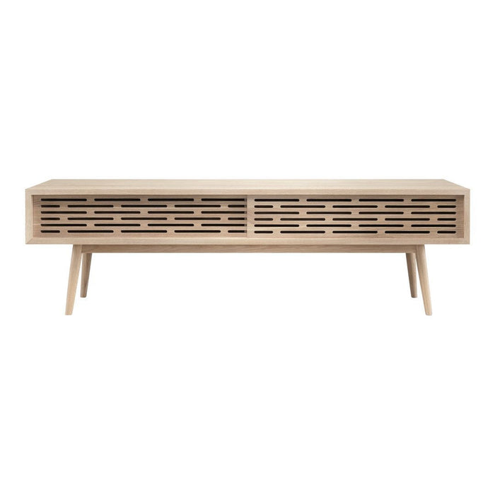 Light wood TV stand with a slatted design, featuring a natural finish and clean lines for a modern look.
