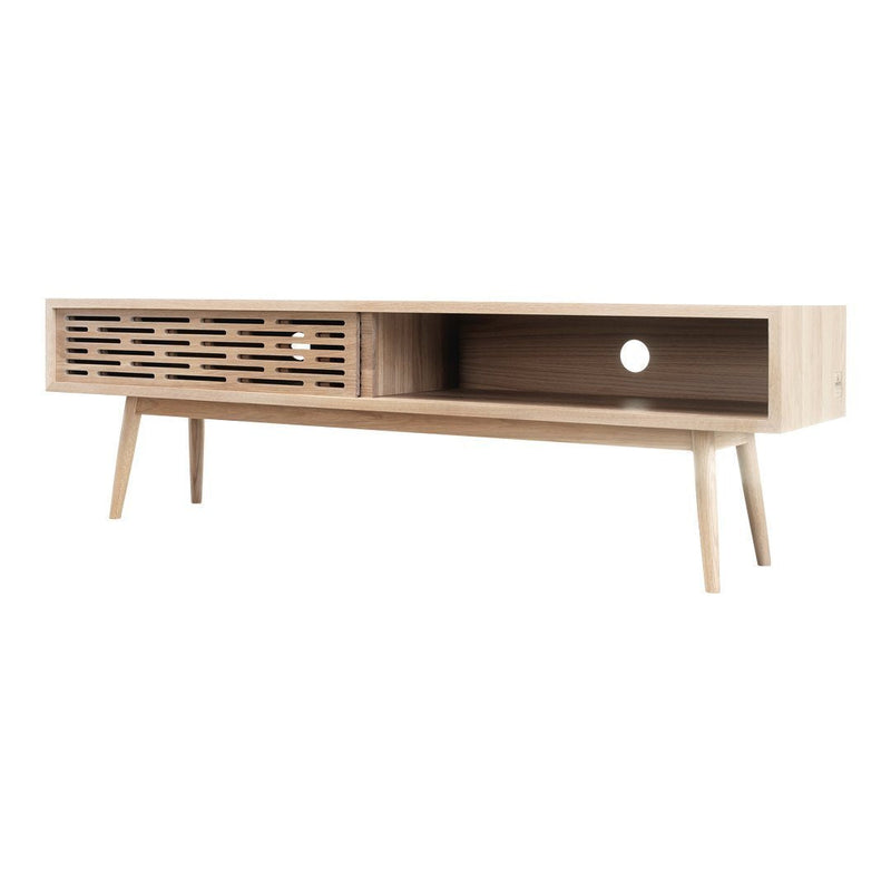 Light wood TV stand with a slatted pattern and natural finish, featuring a minimalist design and clean lines.
