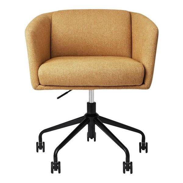 Descriptive orange upholstery in a curved design with a sleek black base and casters for modern style and functionality.