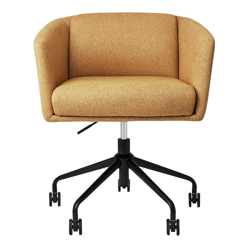 Descriptive orange upholstery in a curved design with a sleek black base and casters for modern style and functionality.