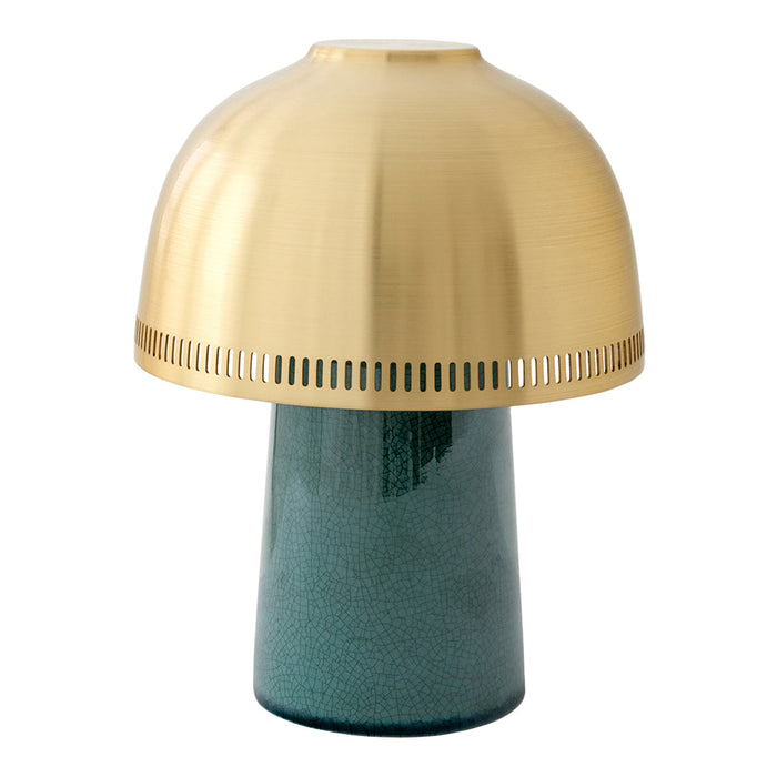 Gold dome lamp with a textured teal base, featuring sleek lines and a modern design. Perfect for stylish decor.