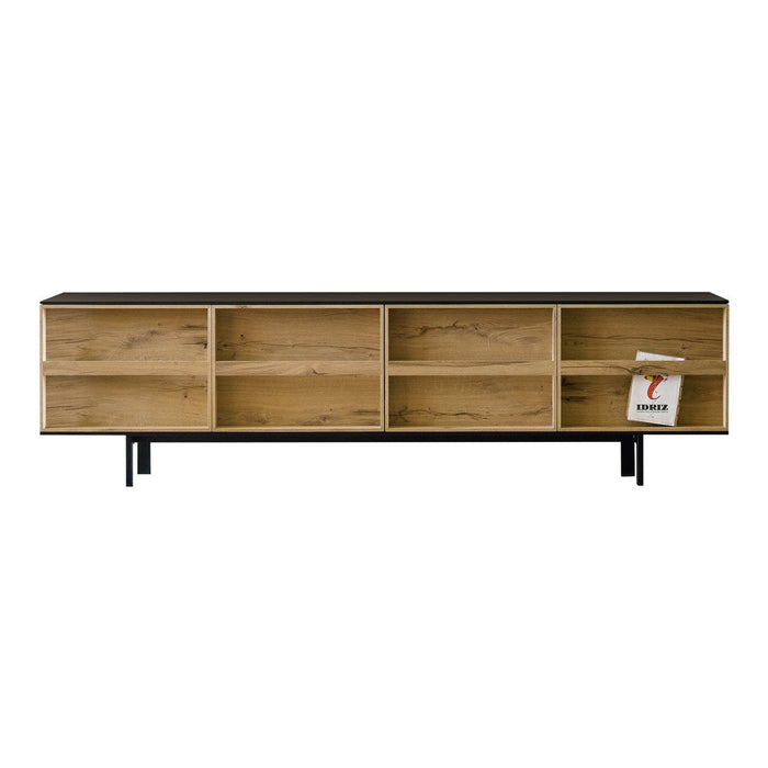 Light wood finish with black accents; sleek, modern design, featuring open shelving and clean lines.