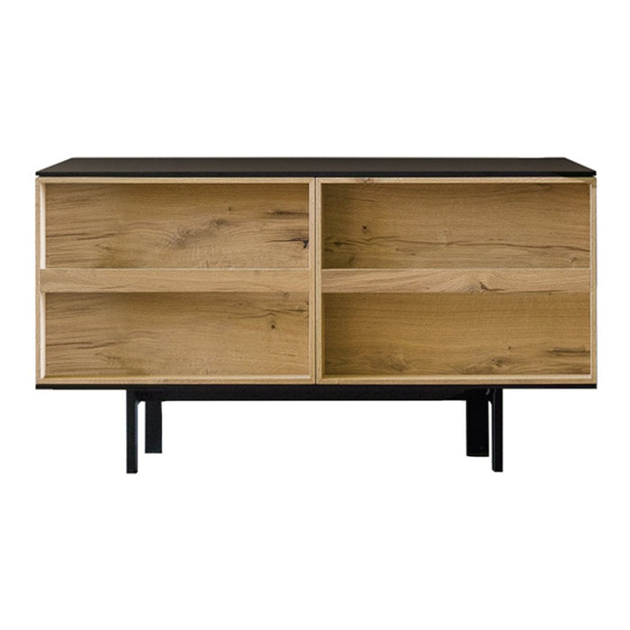 Modern wooden sideboard with a natural wood finish and sleek black top, featuring clean lines and open shelving.