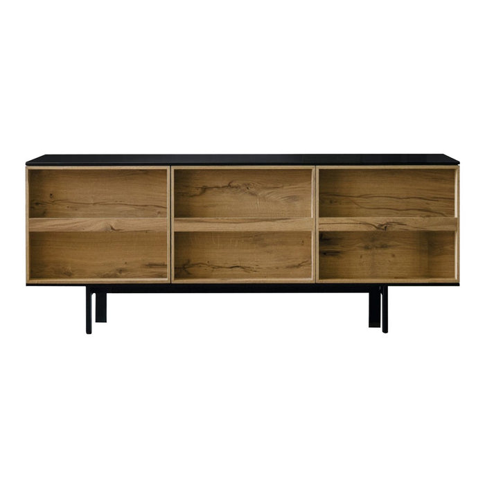 Modern wooden sideboard with a natural wood finish and sleek black top; minimalist design and open shelving.