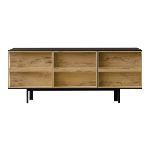 Natural wood grain in light oak with sleek black accents and a minimalist design. Perfect for modern decor.