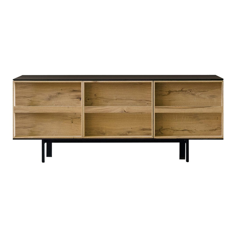 Natural wood grain in light oak with sleek black accents and a minimalist design. Perfect for modern decor.