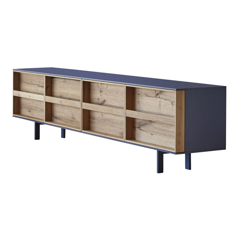 Modern TV stand featuring a sleek navy top with natural wood grain shelves and minimalist metal legs.