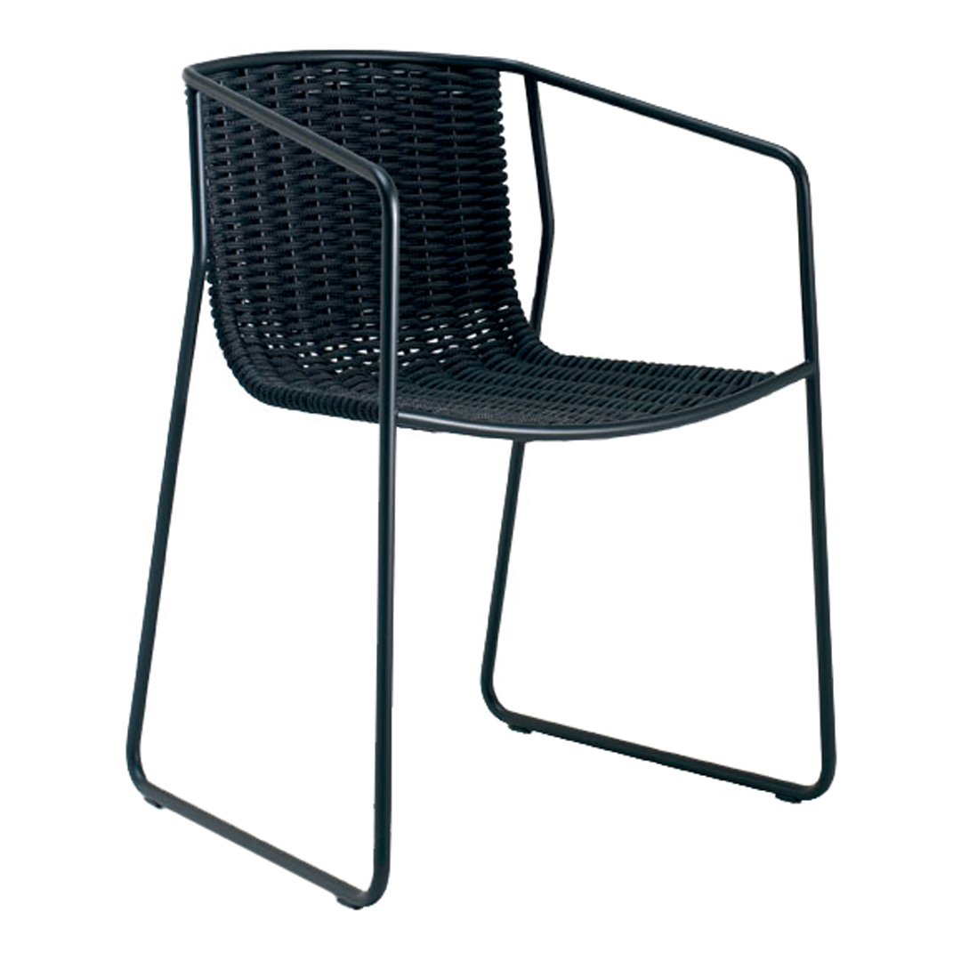 Black woven chair with a minimalist design and sleek metal frame, perfect for modern spaces.