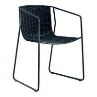 Black woven chair with a minimalist design and sleek metal frame, perfect for modern spaces.