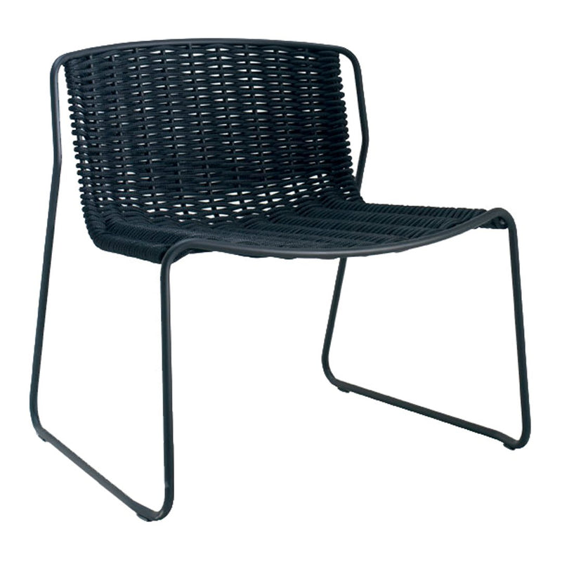 Black woven chair with a sleek, minimalist design and a sturdy metal frame, perfect for modern decor.