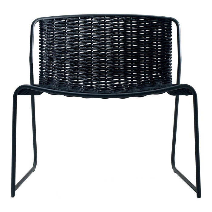 Black woven chair with a textured pattern and minimalist design, perfect for modern decor.