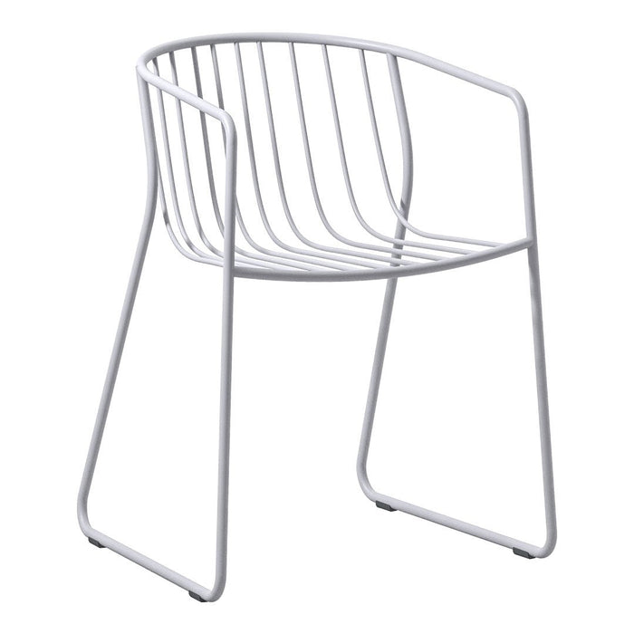 White wire chair with a minimalist design and open striped pattern, perfect for modern decor.