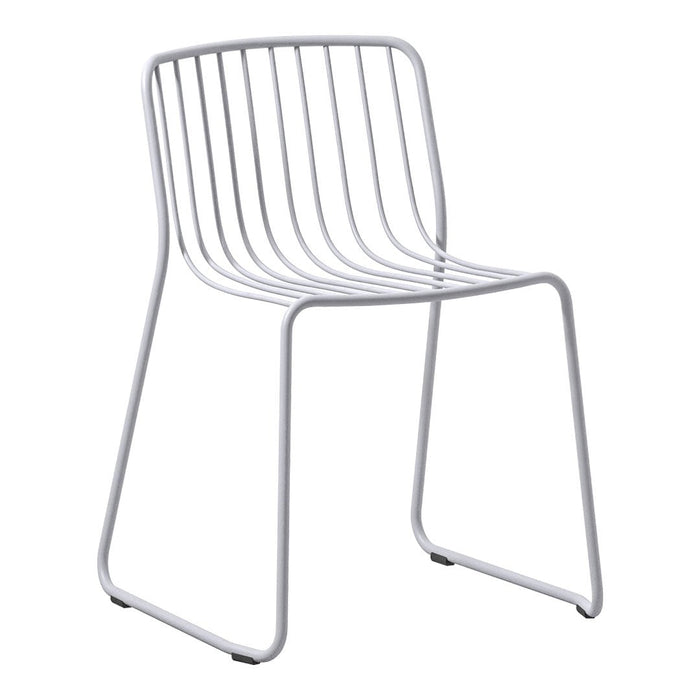 White metal chair with a minimalist design featuring sleek vertical slats and a modern structure.