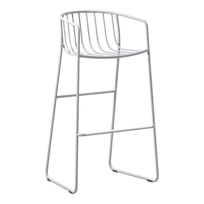 White metal bar stool with a sleek, modern wire design and minimalist aesthetic. Perfect for contemporary decor.