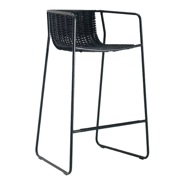 Black woven bar stool with a minimalist design and sleek metal frame. Modern style for contemporary spaces.