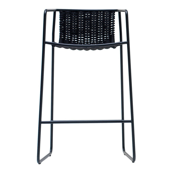 Black woven bar stool with sleek metal frame, featuring a textured seat and modern minimalist design.