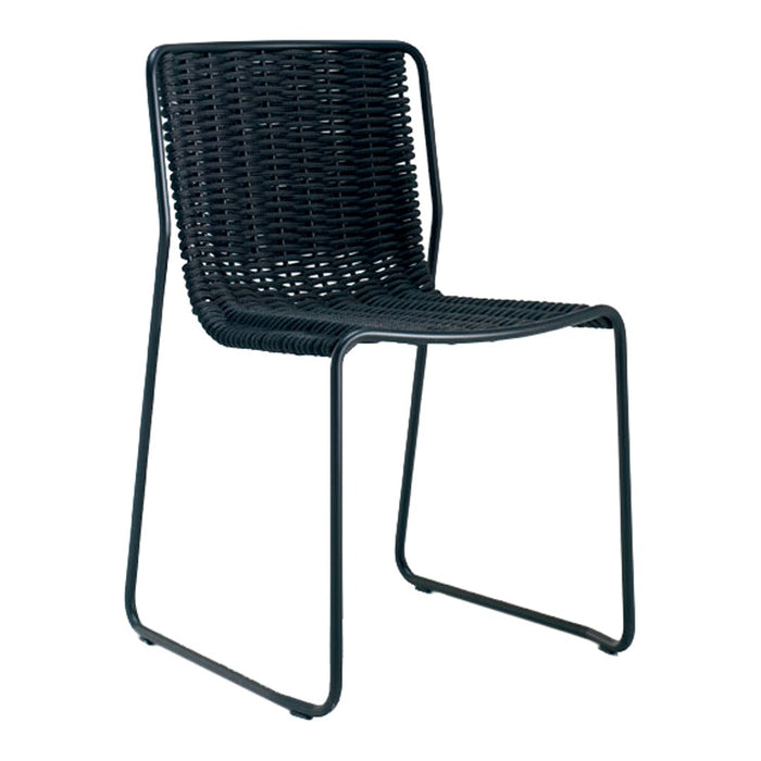 Black woven chair with a sleek, modern design and minimalist metal frame, perfect for contemporary settings.