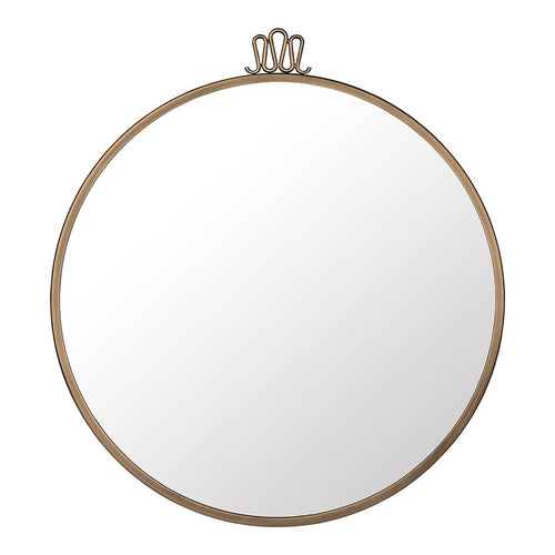 Gold round mirror with a simple, elegant design and a decorative top loop. Reflective surface, no patterns.