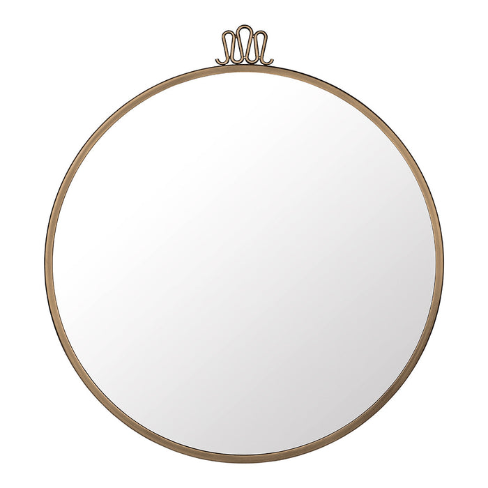 Gold round mirror with a simple, elegant design and a decorative top loop. Reflective surface, no patterns.