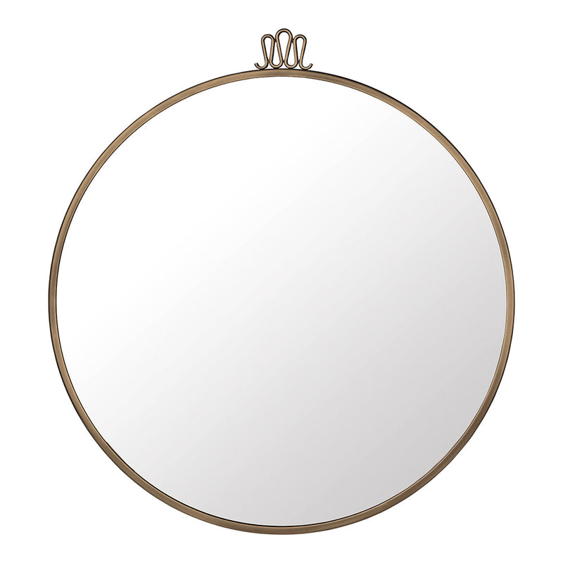 Round mirror with a sleek gold frame and minimalist design, featuring a delicate crown hanger at the top.