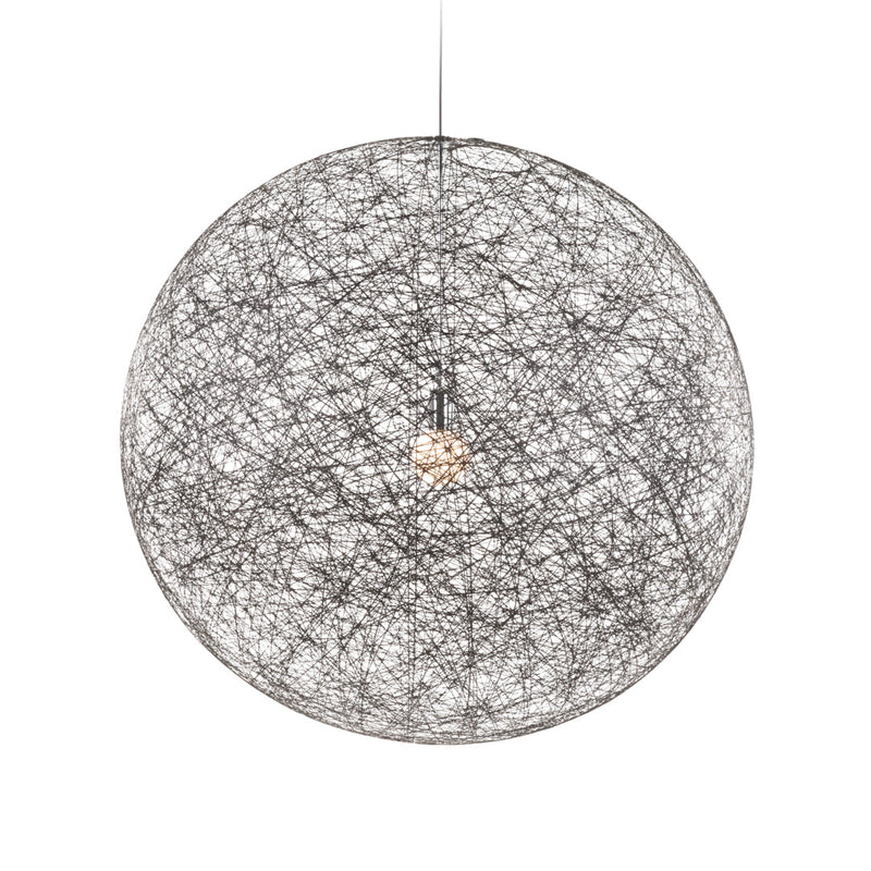 Silver pendant light with intricate wire pattern resembling a web, casting ambient glow against a white background.