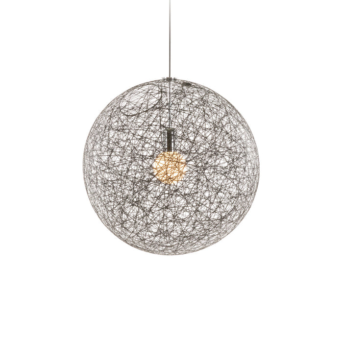 Silver wire orb pendant light with intricate, woven pattern and warm glowing bulb. Ideal for modern decor.